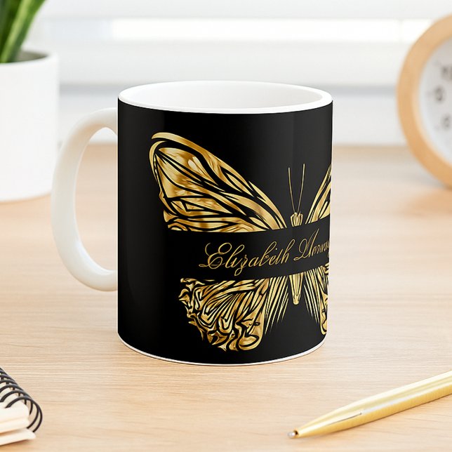 Taza De Café Guión de nombre elegante de oro negro de mariposa (Subido por el creador)