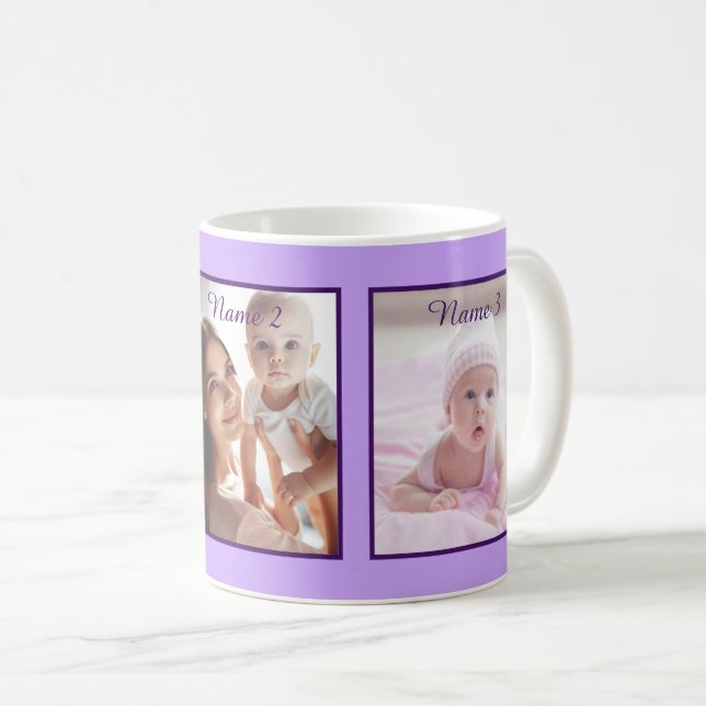 Taza De Café Guión elegante de Lilac con tres nombres de foto p (Anverso derecho)