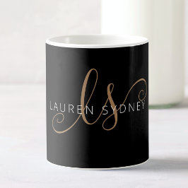 Taza De Café Guión femenino de oro negro moderno monogramado