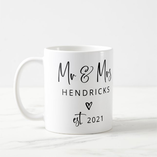 Taza De Café Guión moderno | Sr. y Sra. Boda Establecidos (Izquierda)
