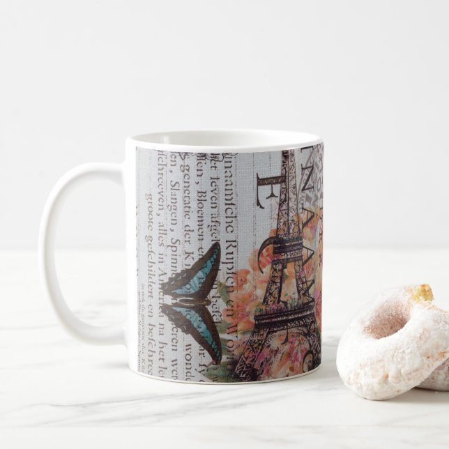 Taza De Café guiones de periódicos antiguos Torre de los eiffel (Con donut)