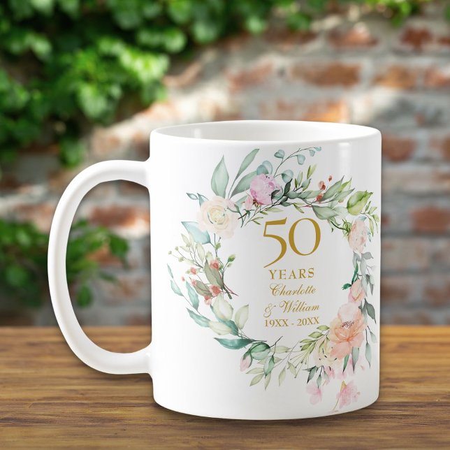 Taza De Café Guirnalda de acuarela de rosa de aniversario de bo (50th Anniversary Wedding Rose Watercolour Garland Coffee Mug)
