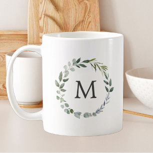 Taza De Café Guirnalda de hojas verdes salvia con monograma en