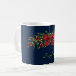 Taza De Café Guirnalda de Navidad con un lazo rojo y adornos