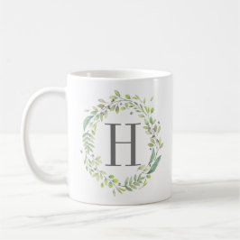 Taza De Café Guirnalda de vegetación en acuarela y monograma