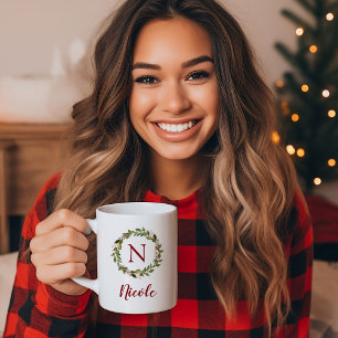 Taza De Café Guirnalda de Vegetación Navideña Monograma de la F