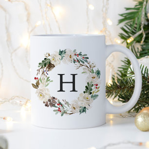 Taza De Café Guirnalda Floral de Invierno Elegante Monograma Fi