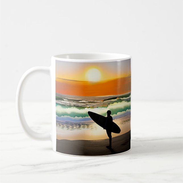 Taza De Café Guy on Beach con Surf Board Sunset (Izquierda)