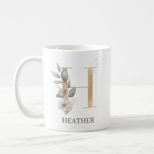 Taza De Café H Monograma Floral Personalizado (Izquierda)
