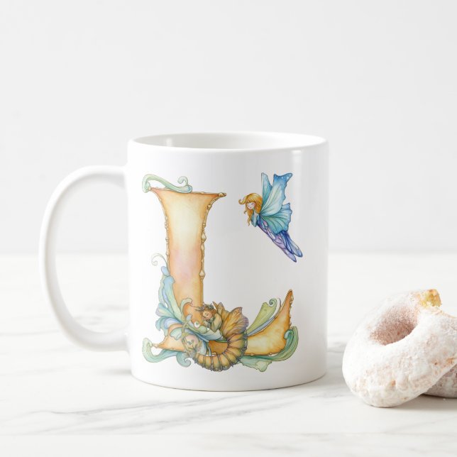 Taza De Café Hada Arcoíris Inicial 'L' (Con donut)