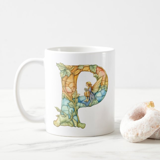 Taza De Café Hada Arcoíris Inicial 'P' (Con donut)
