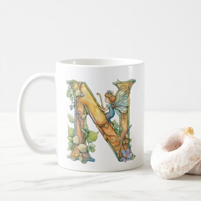 Taza De Café Hada de Arcoíris Inicial 'N' (Con donut)