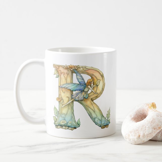 Taza De Café Hada del Arcoíris Inicial 'R' (Con donut)