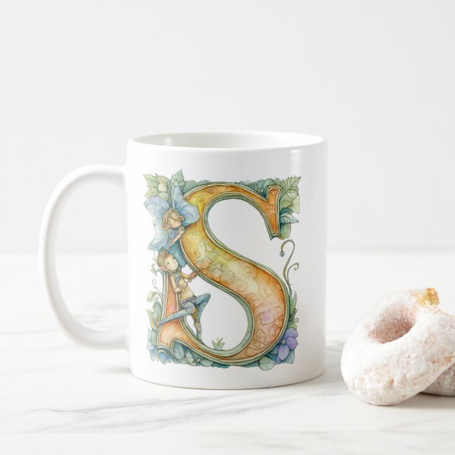 Taza De Café Hada del Arcoíris Inicial 'S' (Con donut)