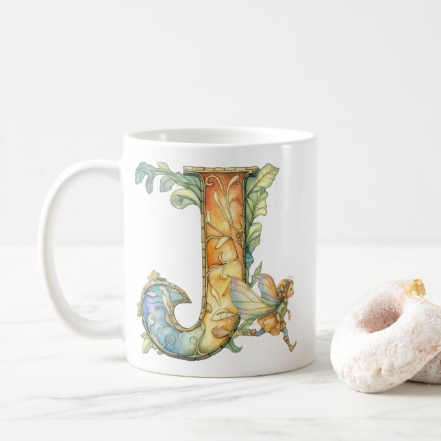 Taza De Café Hadas de arcoiris iniciales 'J' (Con donut)
