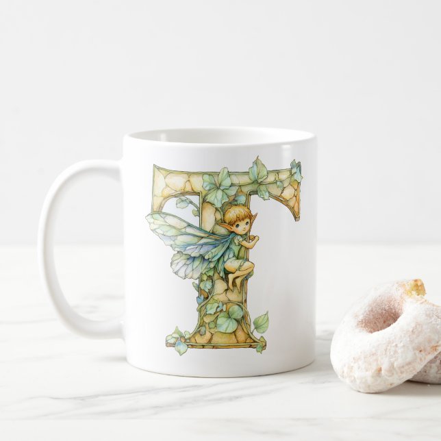 Taza De Café Hadas de arcoiris iniciales 'T' (Con donut)