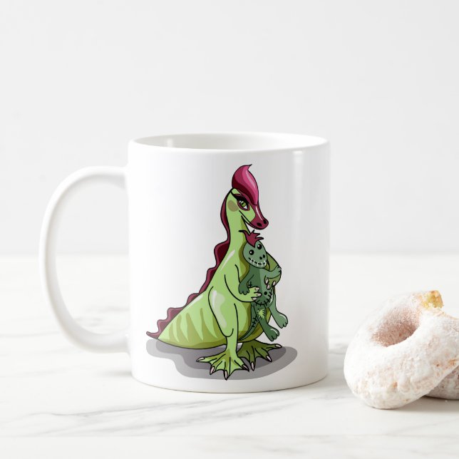 Taza De Café Hadrosauro Femenino Con Una Muñeca. (Con donut)