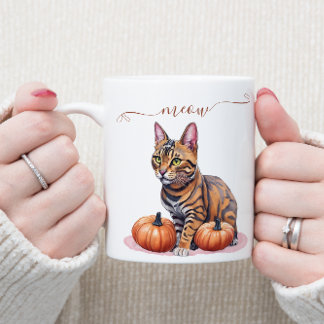 Taza De Café Halloween acuarela bengala gato con calabaza