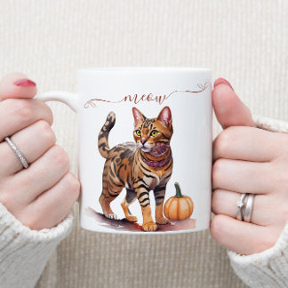 Taza De Café Halloween acuarela bengala gato con calabaza