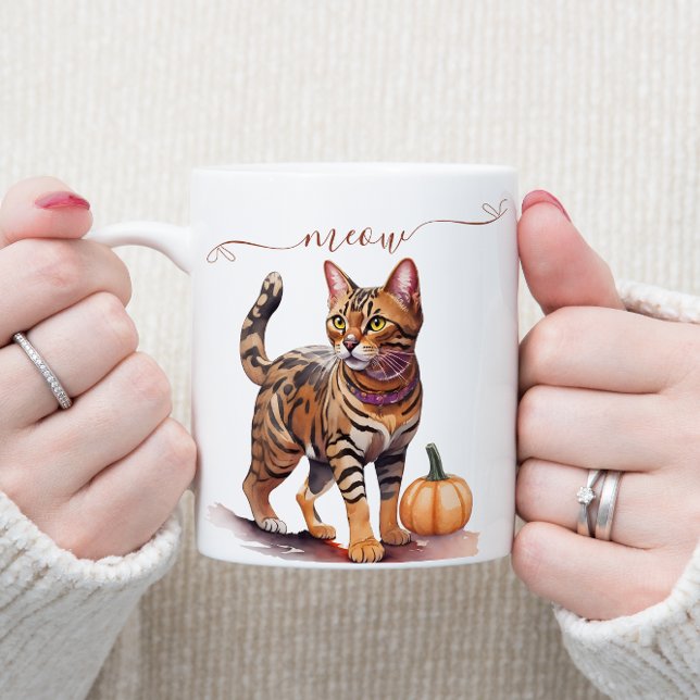 Taza De Café Halloween acuarela bengala gato con calabaza (Subido por el creador)