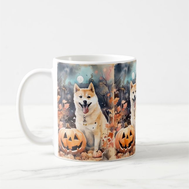 Taza De Café Halloween Akita con calabazas aterradoras (Izquierda)