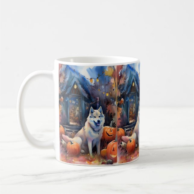 Taza De Café Halloween Alaskan Malamute con calabazas aterrador (Izquierda)