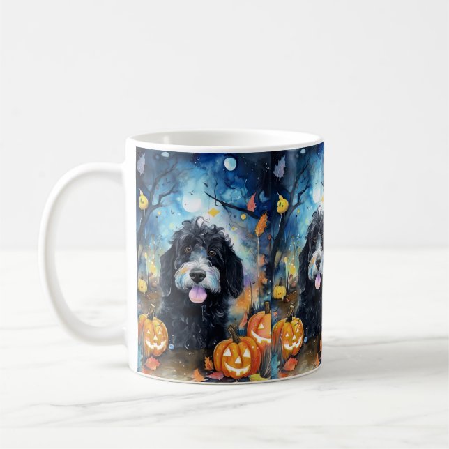 Taza De Café Halloween Bernedoodle Con Calabazas Asustadas (Izquierda)