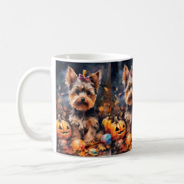 Taza De Café Halloween Biewer Terrier Con Calabazas Temerosas (Izquierda)