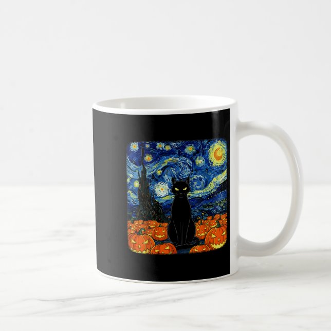Taza De Café Halloween Black Cat Costume Van Gogh Starry Night (Derecha)