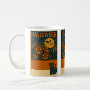 Taza De Café Halloween Black Cat & Pumpkin Mug - Spooky Vintage