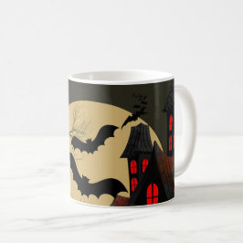 Taza De Café Halloween Black Red Hauned House Bat Full Moon