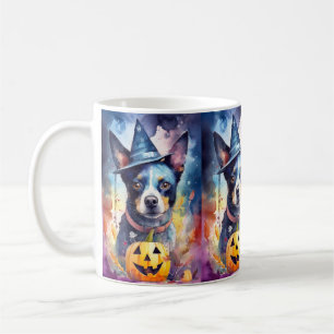 Taza De Café Halloween Blue Heeler con calabazas aterradoras