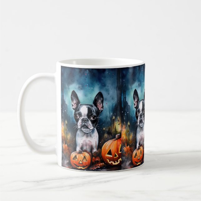 Taza De Café Halloween Boston Terrier con calabazas aterradoras (Izquierda)