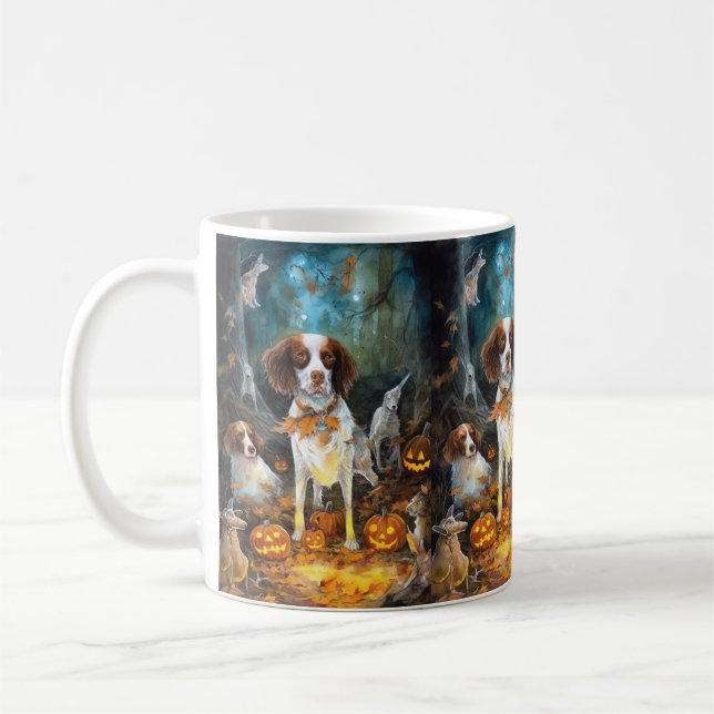 Taza De Café Halloween Brittany Spaniel con calabazas aterrador (Izquierda)