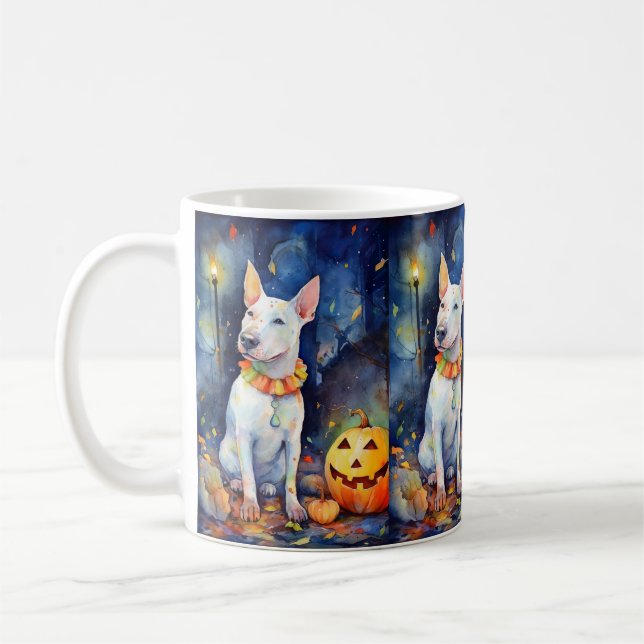 Taza De Café Halloween Bull Terrier con calabazas aterradoras (Izquierda)