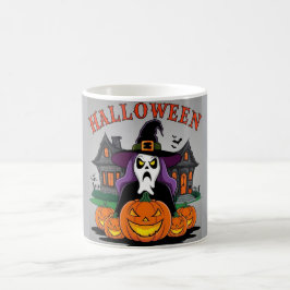 Taza De Café Halloween casa fantasma, calabazas, bruja, murciél