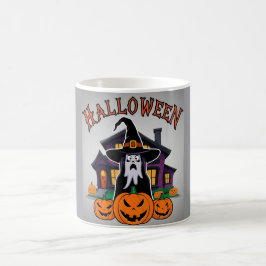 Taza De Café Halloween casa fantasma, calabazas, bruja, murciél
