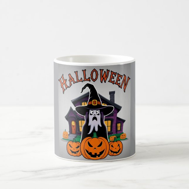 Taza De Café Halloween casa fantasma, calabazas, bruja, murciél (Centro)