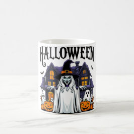 Taza De Café Halloween casa fantasma, calabazas, bruja, murciél