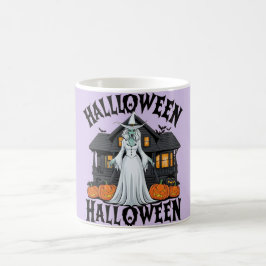 Taza De Café Halloween casa fantasma, calabazas, bruja, murciél