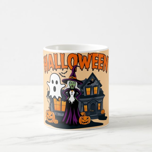 Taza De Café Halloween casa fantasma, calabazas, bruja, murciél (Centro)