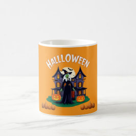 Taza De Café Halloween casa fantasma, calabazas, bruja, murciél