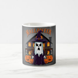 Taza De Café Halloween casa fantasma, calabazas, bruja, murciél