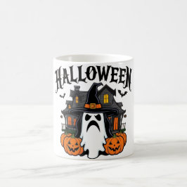 Taza De Café Halloween casa fantasma, calabazas, bruja, murciél