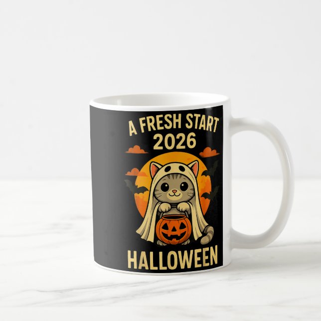 Taza De Café Halloween Cat Ghost Graphic - Fresh Start 2026  (Derecha)