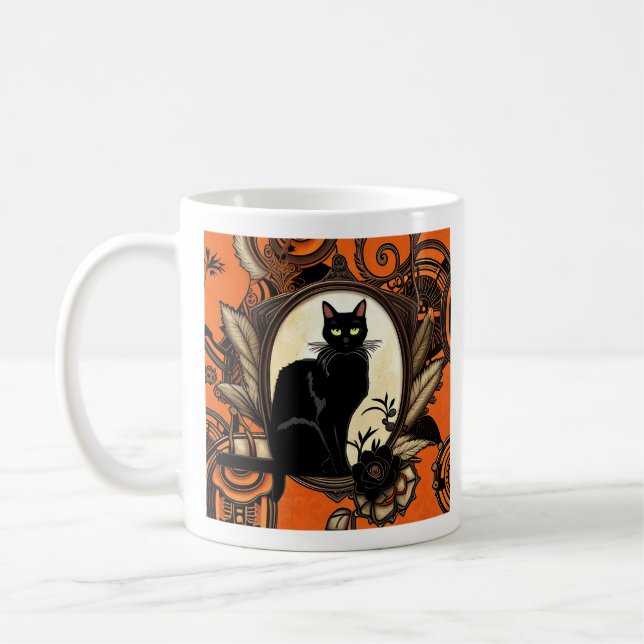 Taza De Café Halloween con gato negro Steampunk (Izquierda)