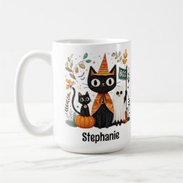 Taza De Café Halloween con gatos negros y fantasmas personaliza