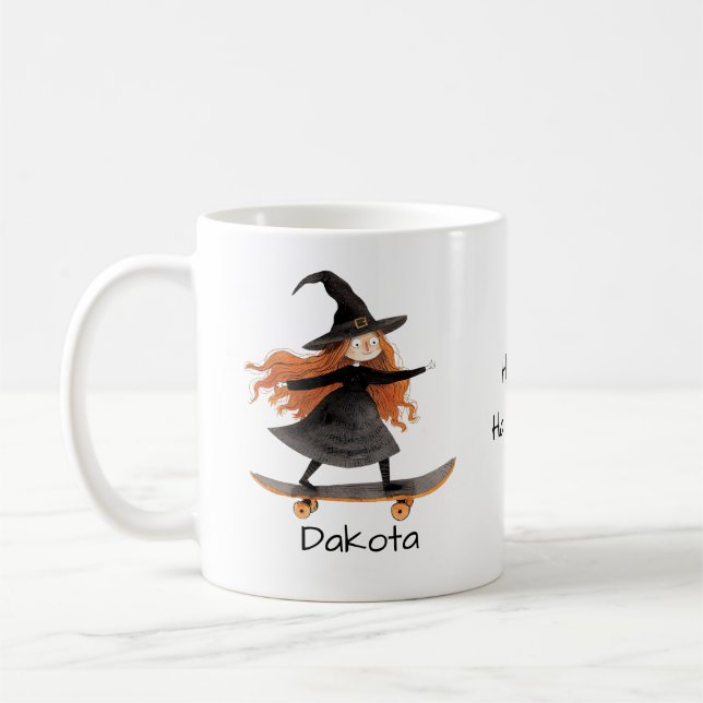Taza De Café Halloween Cute Skateboarding Witch Personaliza (Izquierda)