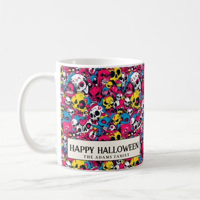 Taza De Café Halloween de coloridos monstruos y cráneos (Izquierda)