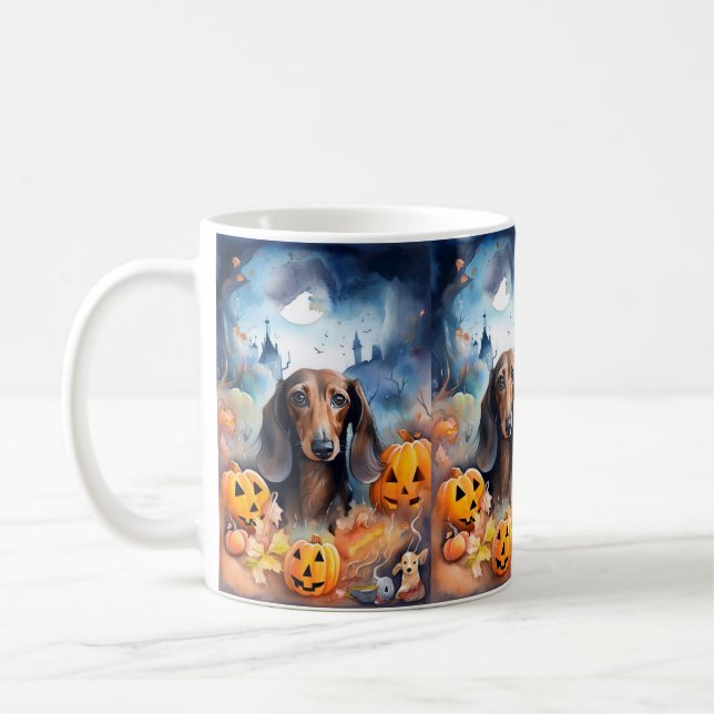 Taza De Café Halloween de Dachshund con calabazas aterradoras (Izquierda)